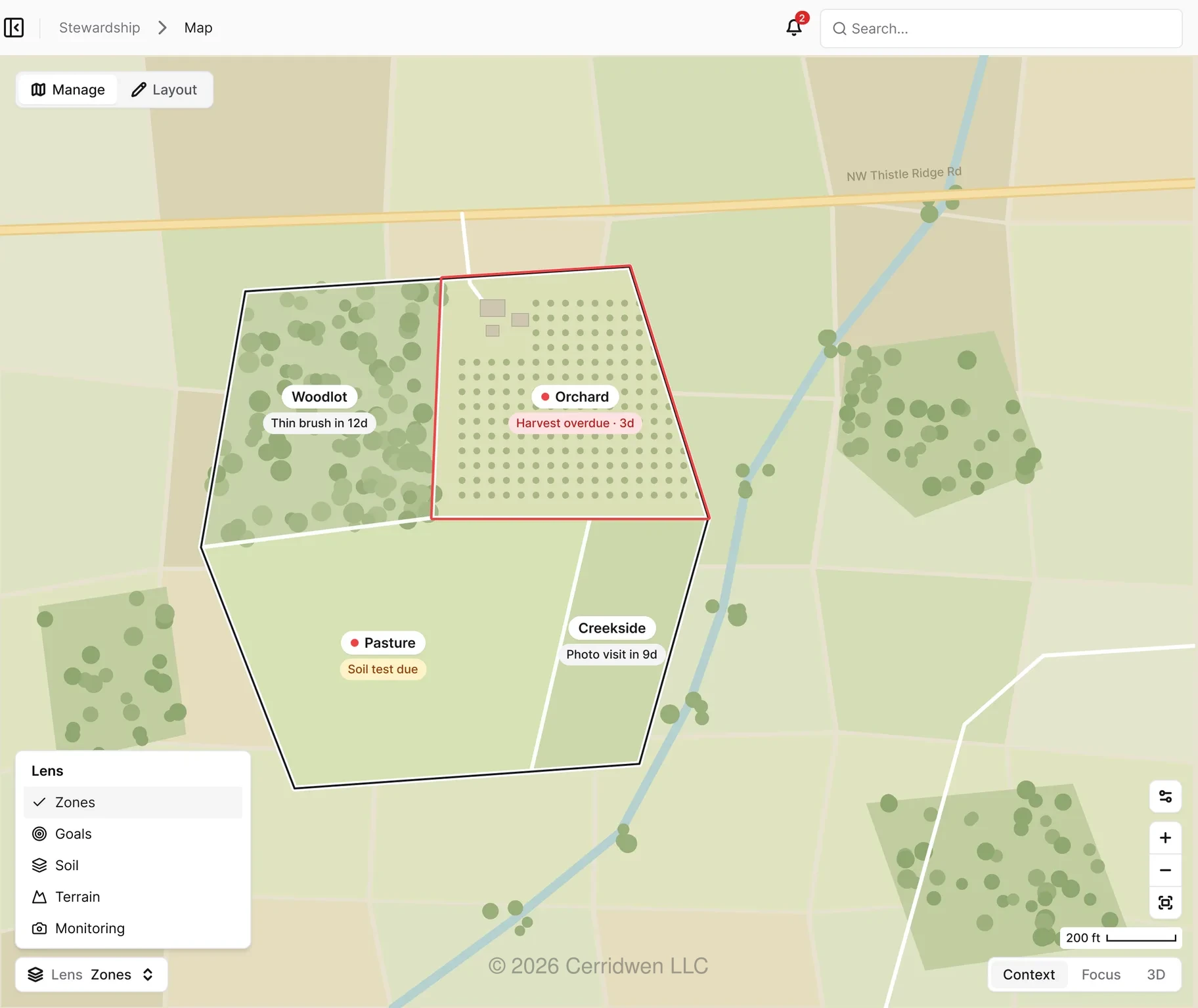 Map view of a property divided into four zones (woodlot, orchard, pasture and creekside), each labelled with its next task, with a lens menu for zones, goals, soil, terrain and monitoring
